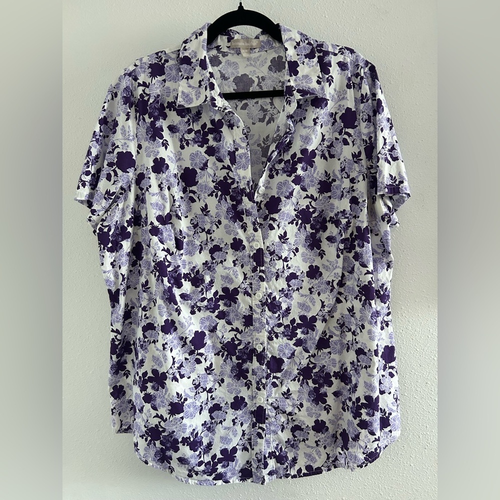 Woman Within White Blouse with Purple Floral Print